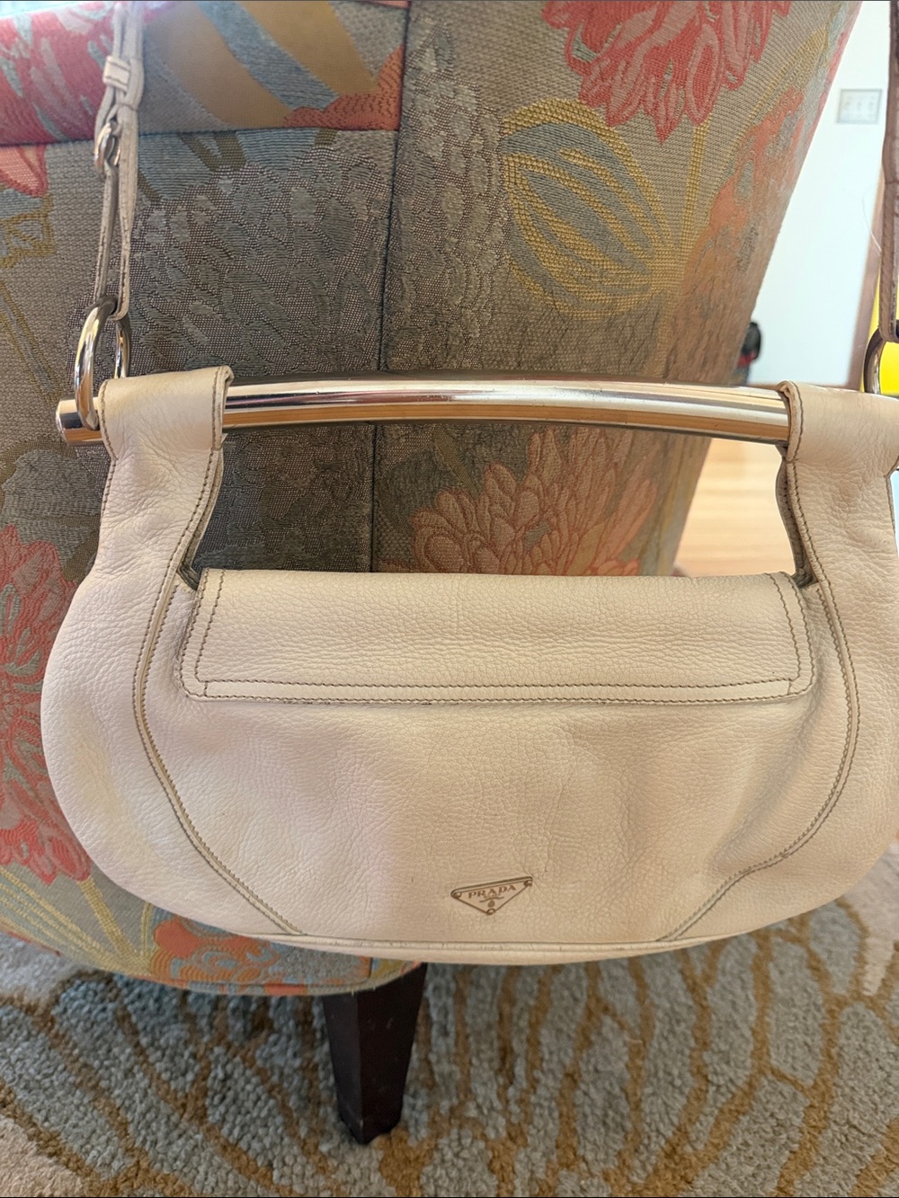 Prada stunning bag! Metal handle is eye catching Cream Leather Shoulder Bag